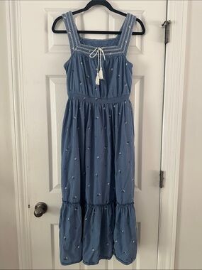 Old Navy Blue Floral Embroidered Maxi Dress Summer BBQ Coastal Boho